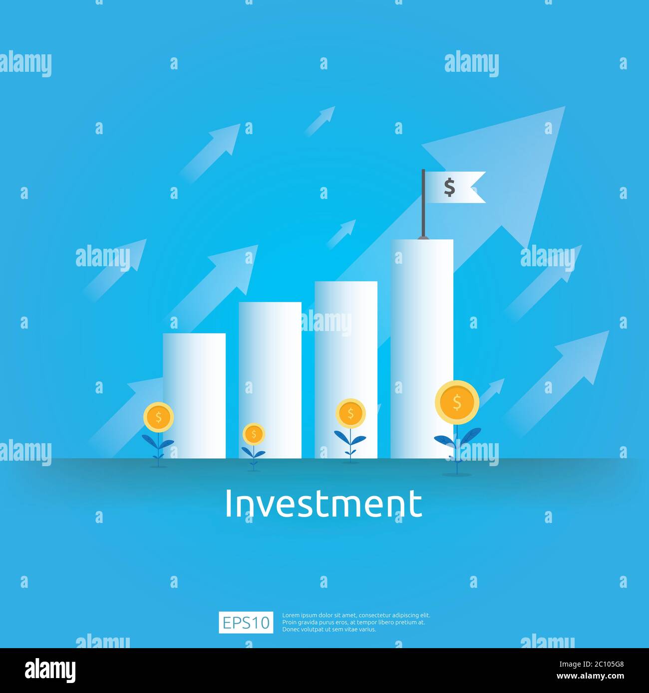 Concetto aziendale di obiettivo di raggiungimento. ROI Vision ritorno sugli investimenti. Frecce di crescita per il successo. Grafico aumentare il profitto con il sacco di soldi. Finanza Illustrazione Vettoriale