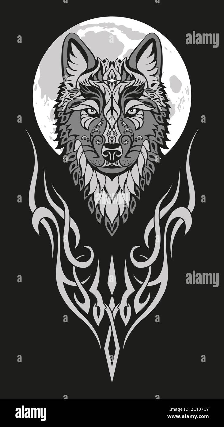 Personaggio astratto moderno lupo testa disegno su sfondo nero per la stampa di design. Illustrazione artistica vettoriale. Illustrazione Vettoriale