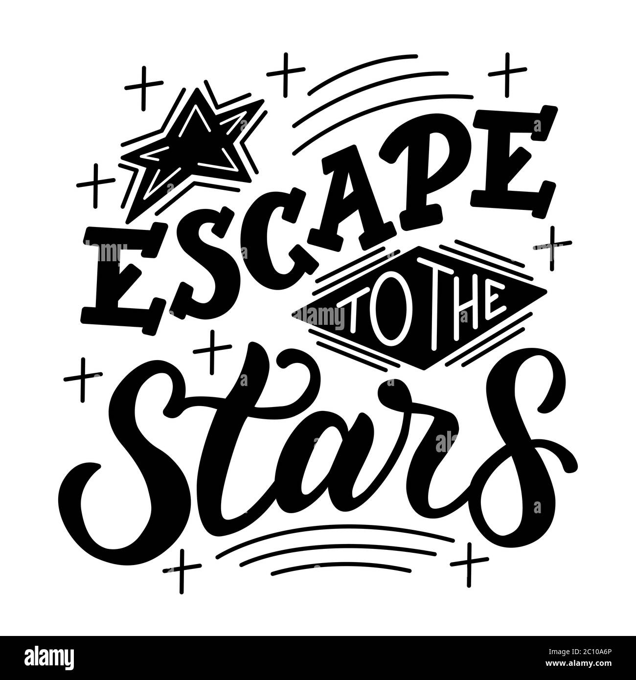 Escape to the stars (Escape to the stars) - immagine vettoriale su sfondo bianco. Per la progettazione di cartoline, poster, copertine, stampe per tazze, t-shirt, zaini Illustrazione Vettoriale