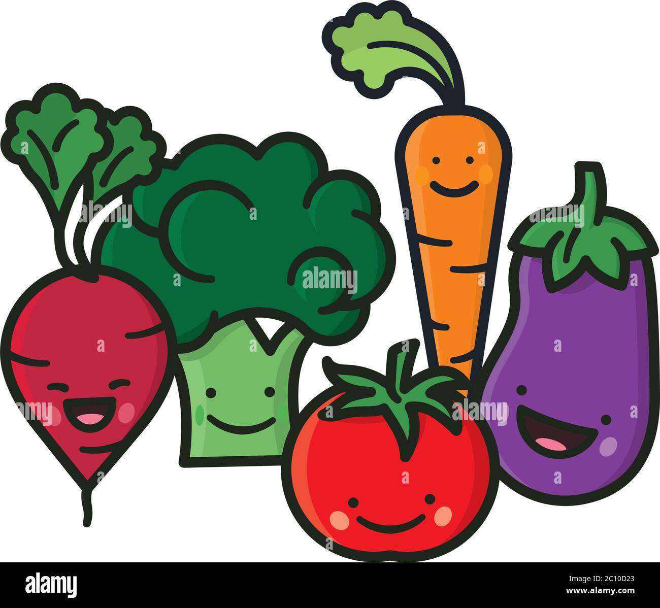 Kawaii gruppo di verdure illustrazione vettoriale per verdure fresche giorno il 16 giugno. Set di personaggi cartone animato concetto di alimentazione sana Illustrazione Vettoriale