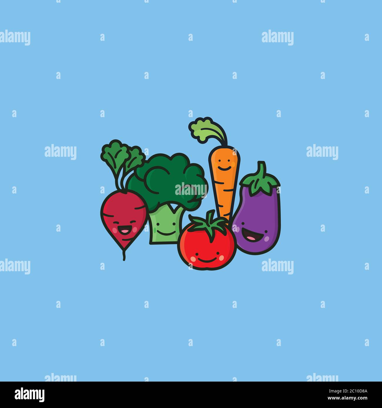 Kawaii gruppo di verdure illustrazione vettoriale per verdure fresche giorno il 16 giugno. Set di personaggi cartone animato concetto di alimentazione sana Illustrazione Vettoriale