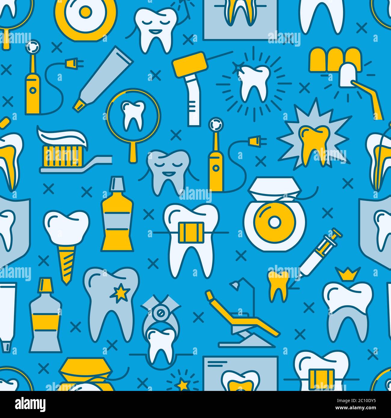 Stomatologia brillante e ortodonzia motivo senza cuciture in stile linea colorata. Sfondo ripetuto con simboli di cura dei denti. Illustrazione vettoriale. Illustrazione Vettoriale