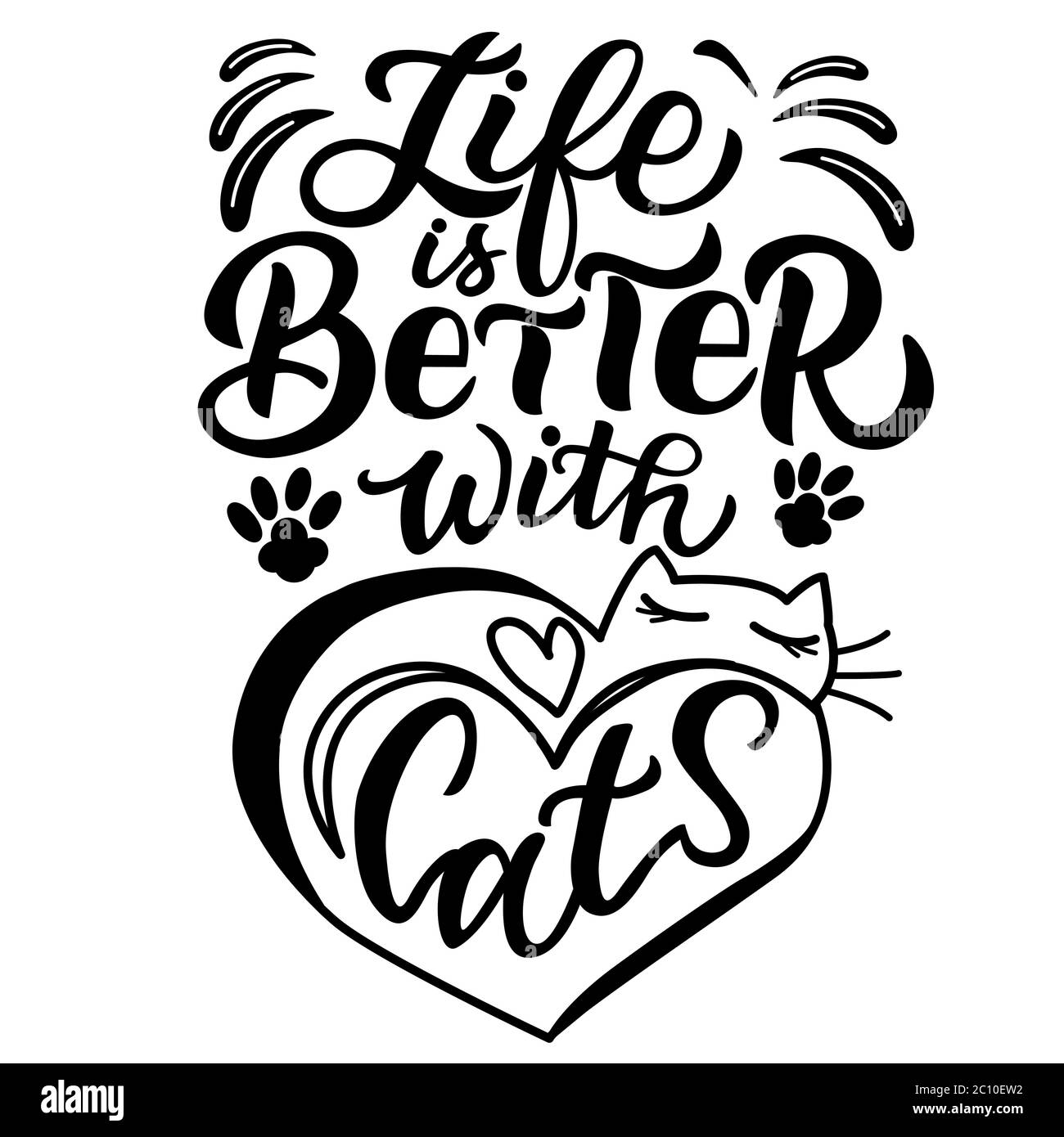 Immagine con l'iscrizione - la vita è meglio con i gatti - in grafica vettoriale su sfondo bianco. Per la progettazione di cartoline, poster, copertine, stampe Illustrazione Vettoriale