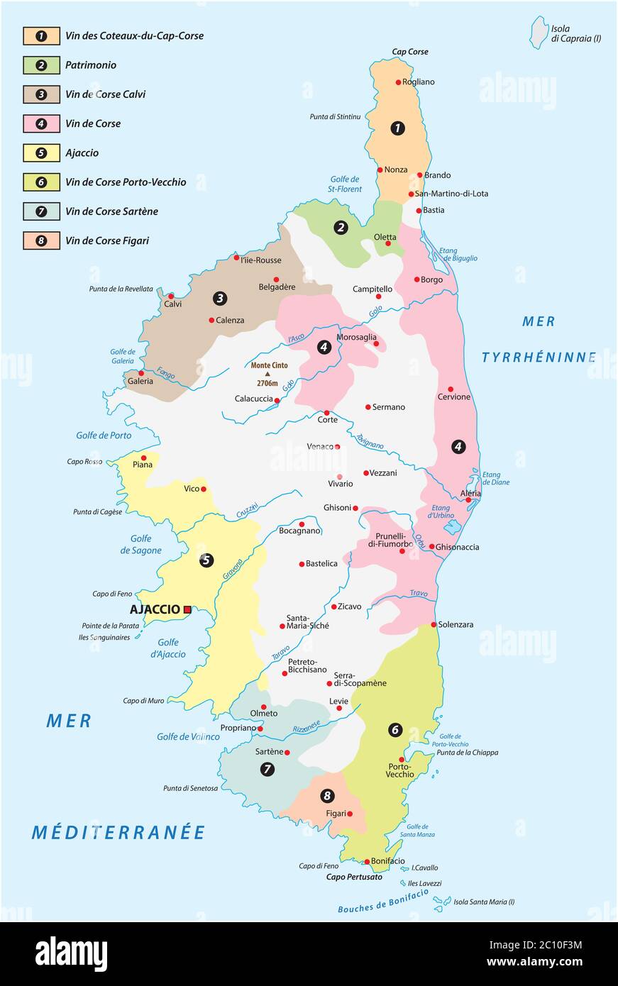 Mappa vettoriale delle regioni viticole dell'isola mediterranea francese della Corsica Illustrazione Vettoriale