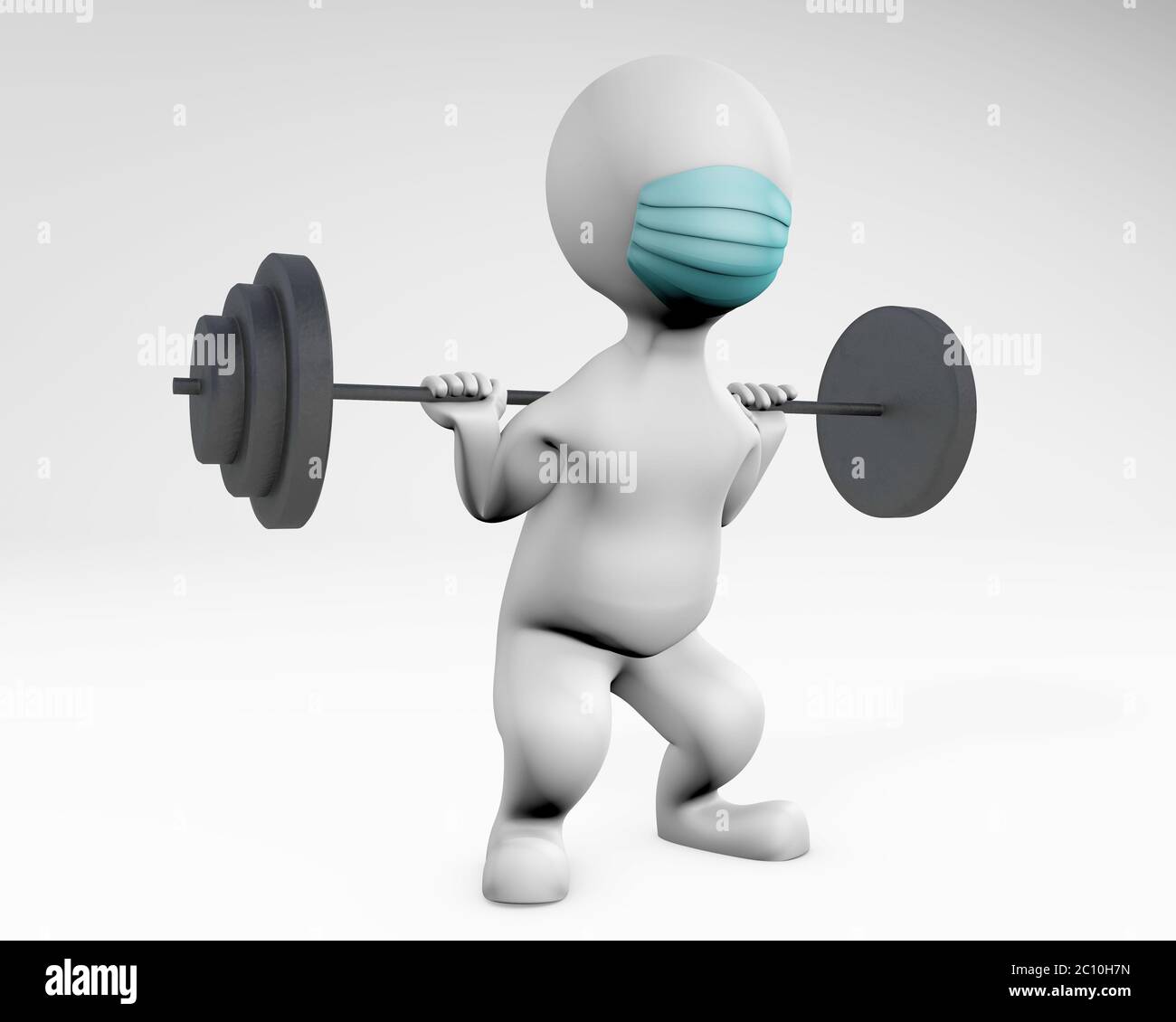 Uomo grasso con una maschera di sollevamento del peso 3D rendering isolato su bianco Foto Stock