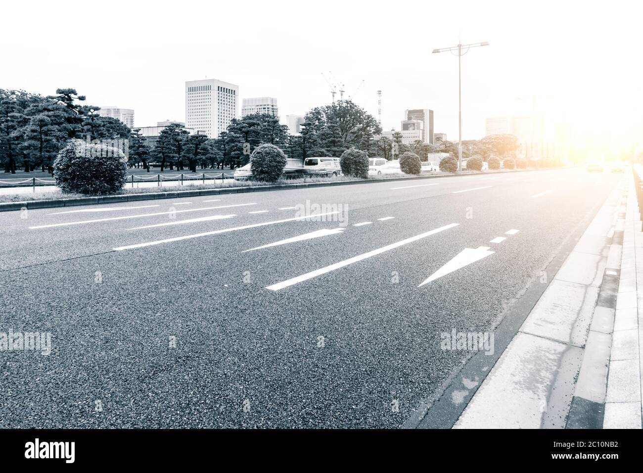 Svuotare strada asfaltata nel centro cittadino di Tokyo con sunbeam Foto Stock
