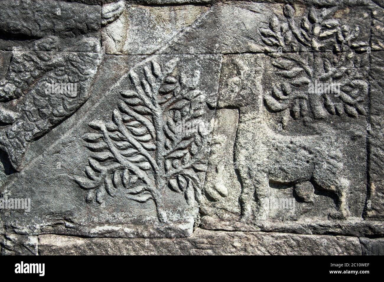 Antica scultura Khmer di un cervo nei boschi. Muro del tempio di Bayon, Angkor Thom, Siem Reap, Cambogia. Foto Stock