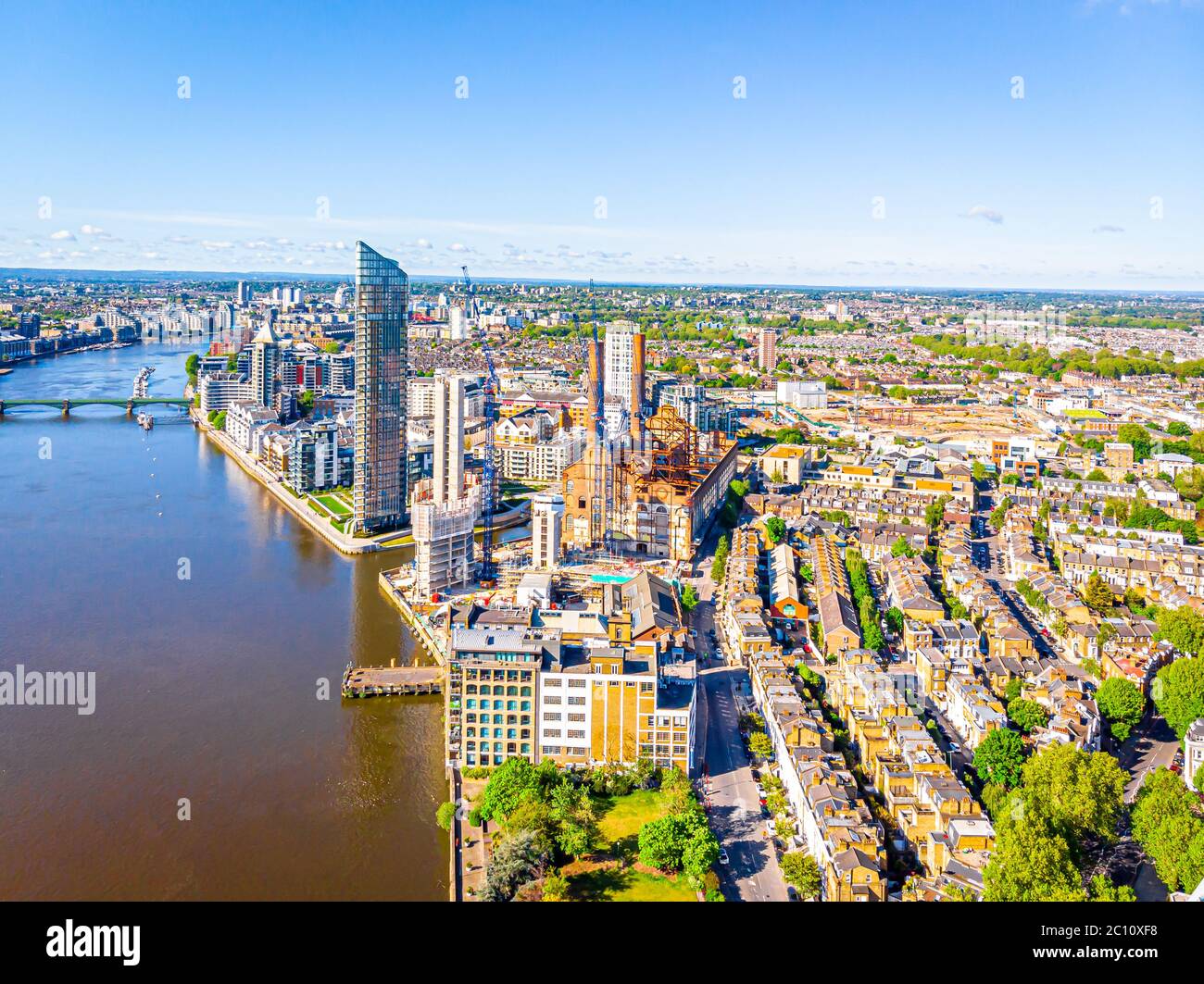 Vista aerea del Tamigi a Fullham al mattino, Londra, Regno Unito Foto Stock