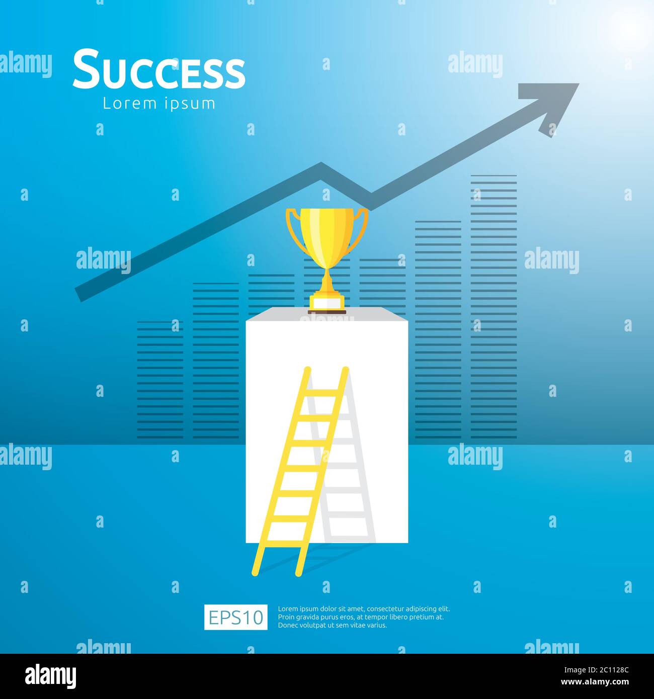 concetto di business con scala e coppa trofeo. direzione freccia verso il vincitore del successo. Visione della crescita finanziaria, riconoscimento della vittoria e carriera personale Illustrazione Vettoriale
