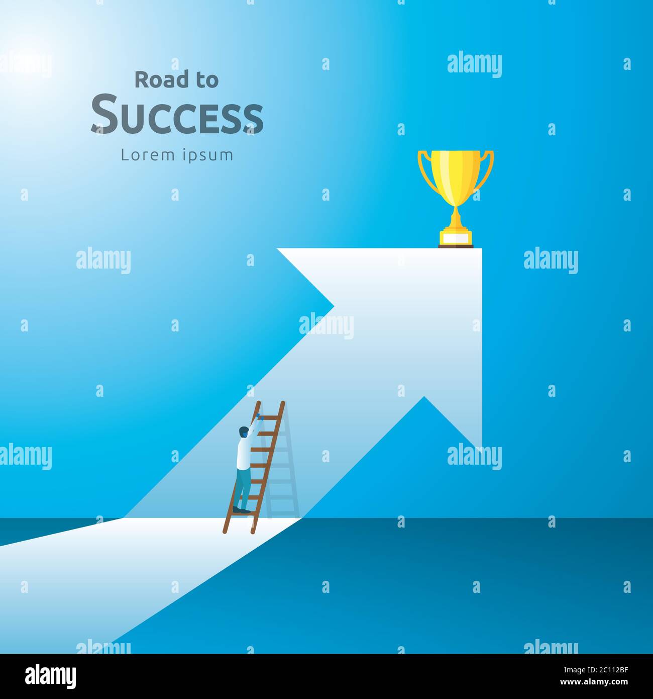 concetto di business con scala e coppa trofeo. direzione freccia verso il vincitore del successo. Visione della crescita finanziaria, riconoscimento della vittoria e carriera personale Illustrazione Vettoriale