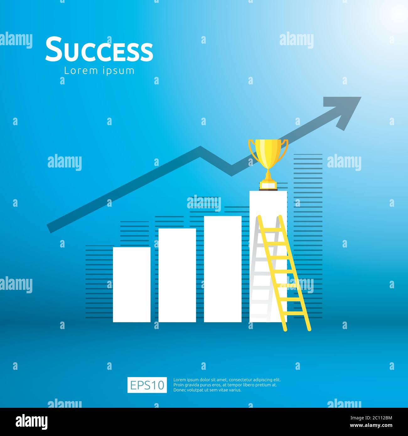 concetto di business con scala e coppa trofeo. direzione freccia verso il vincitore del successo. Visione della crescita finanziaria, riconoscimento della vittoria e carriera personale Illustrazione Vettoriale