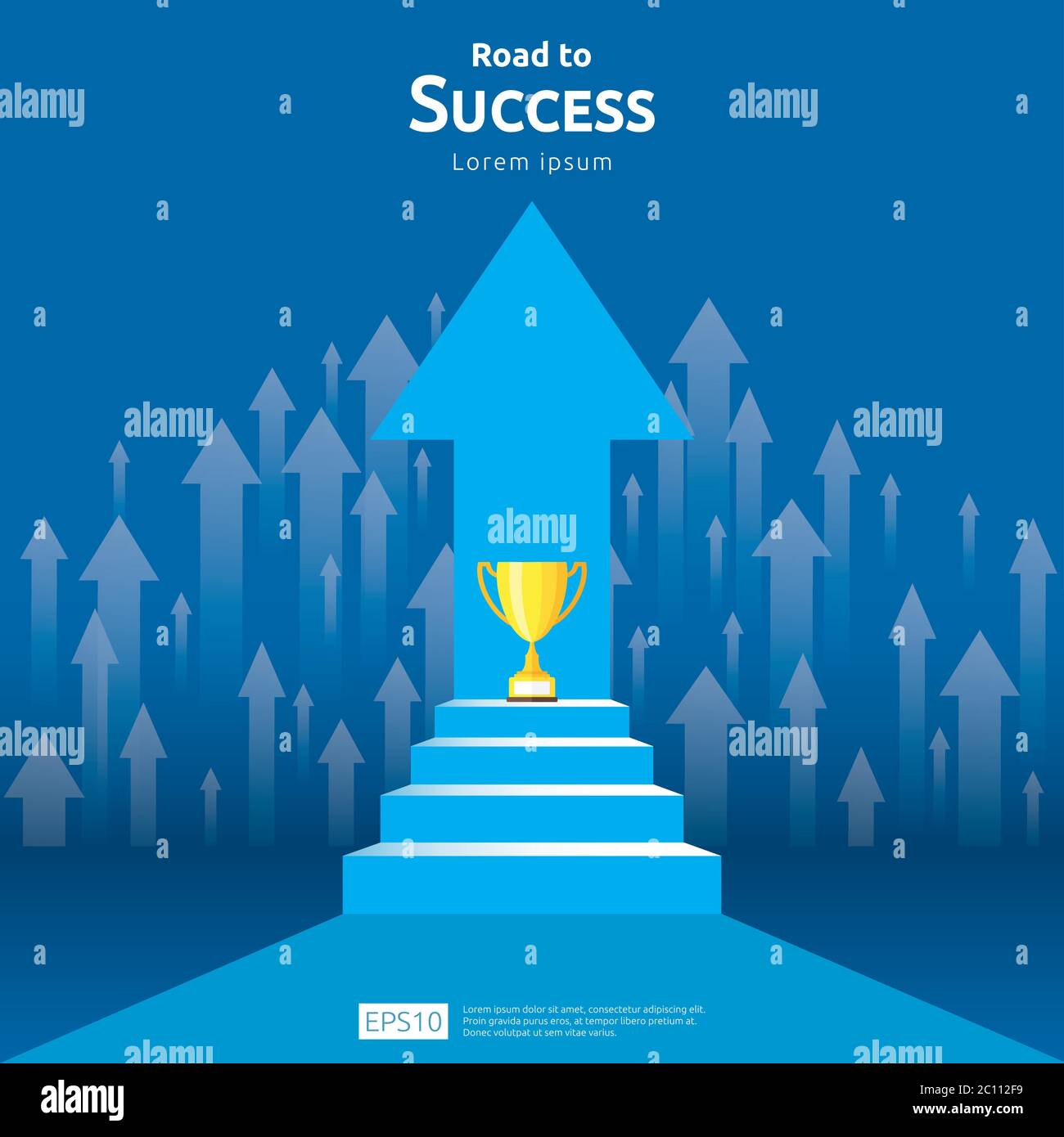 concetto di business con scala e coppa trofeo. direzione freccia verso il vincitore del successo. Visione della crescita finanziaria, riconoscimento della vittoria e carriera personale Illustrazione Vettoriale
