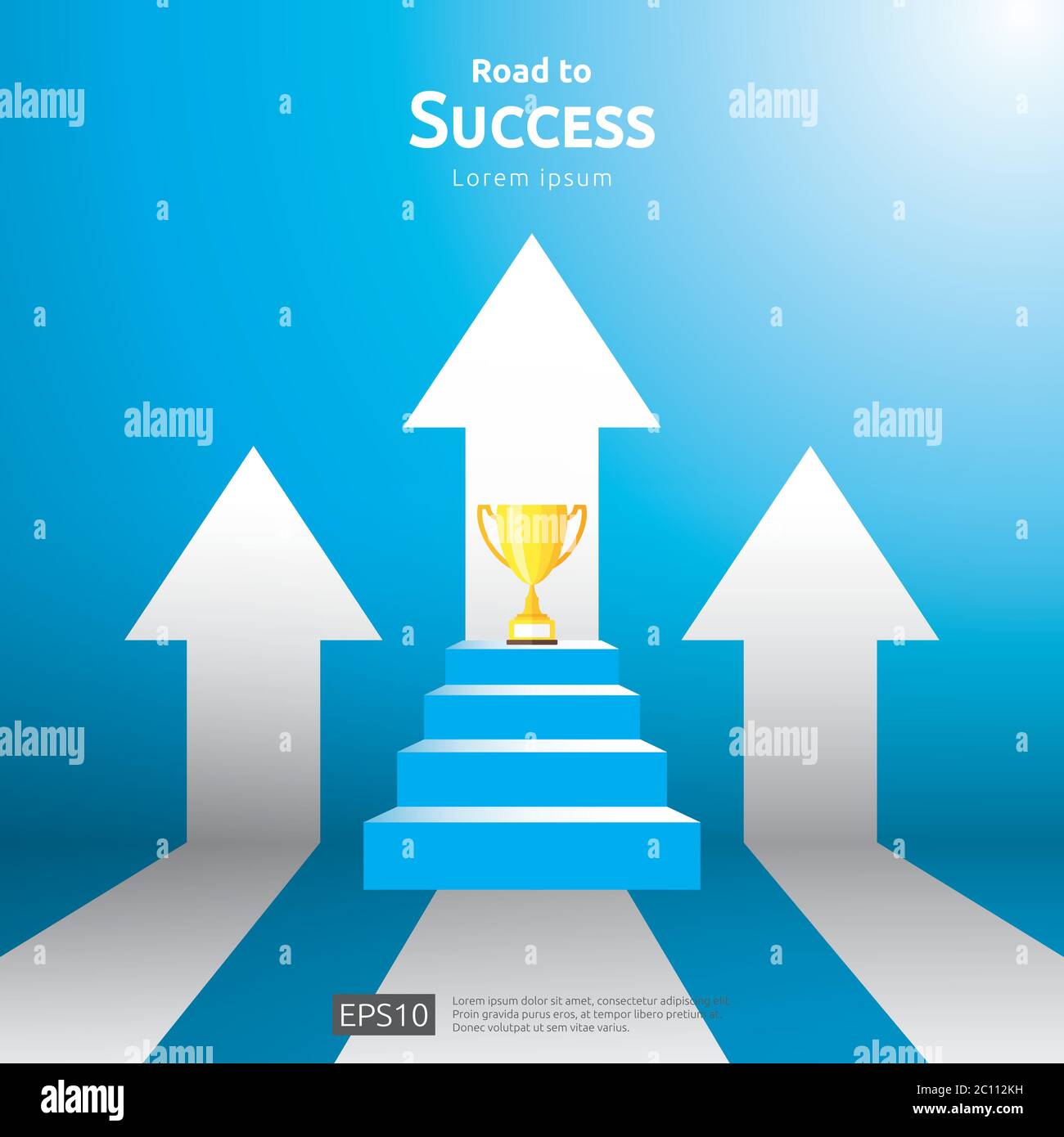concetto di business con scala e coppa trofeo. direzione freccia verso il vincitore del successo. Visione della crescita finanziaria, riconoscimento della vittoria e carriera personale Illustrazione Vettoriale