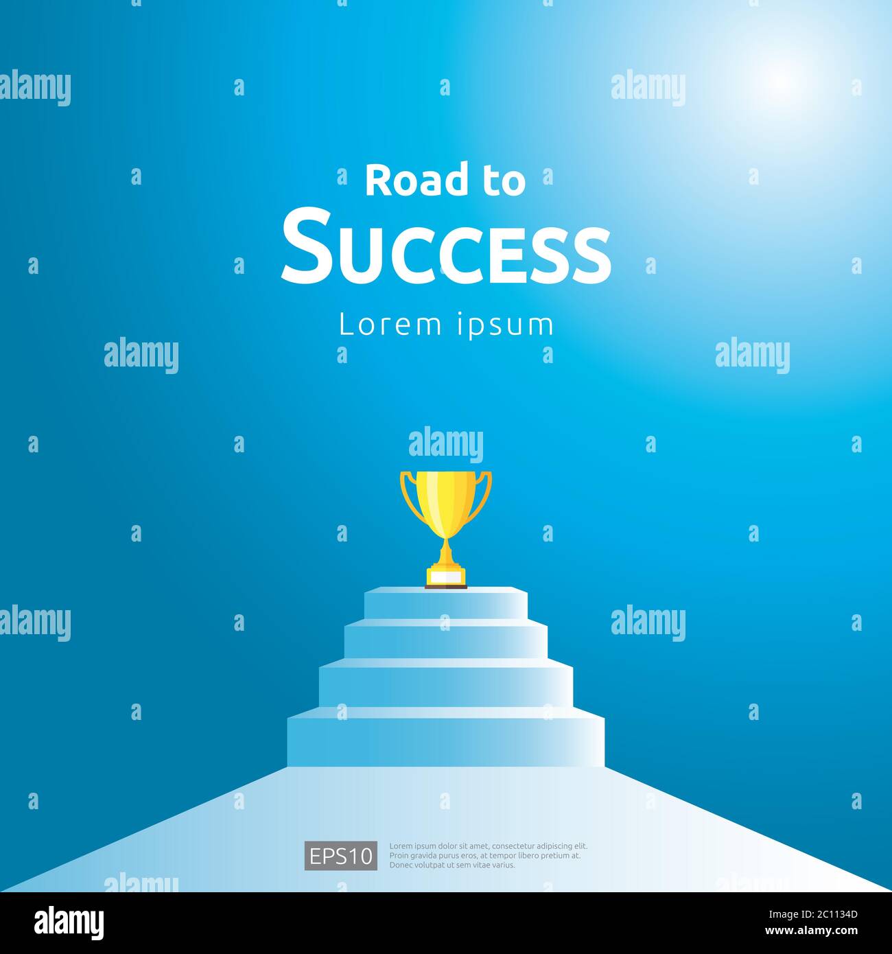 concetto di business con scala e coppa trofeo. direzione freccia verso il vincitore del successo. Visione della crescita finanziaria, riconoscimento della vittoria e carriera personale Illustrazione Vettoriale