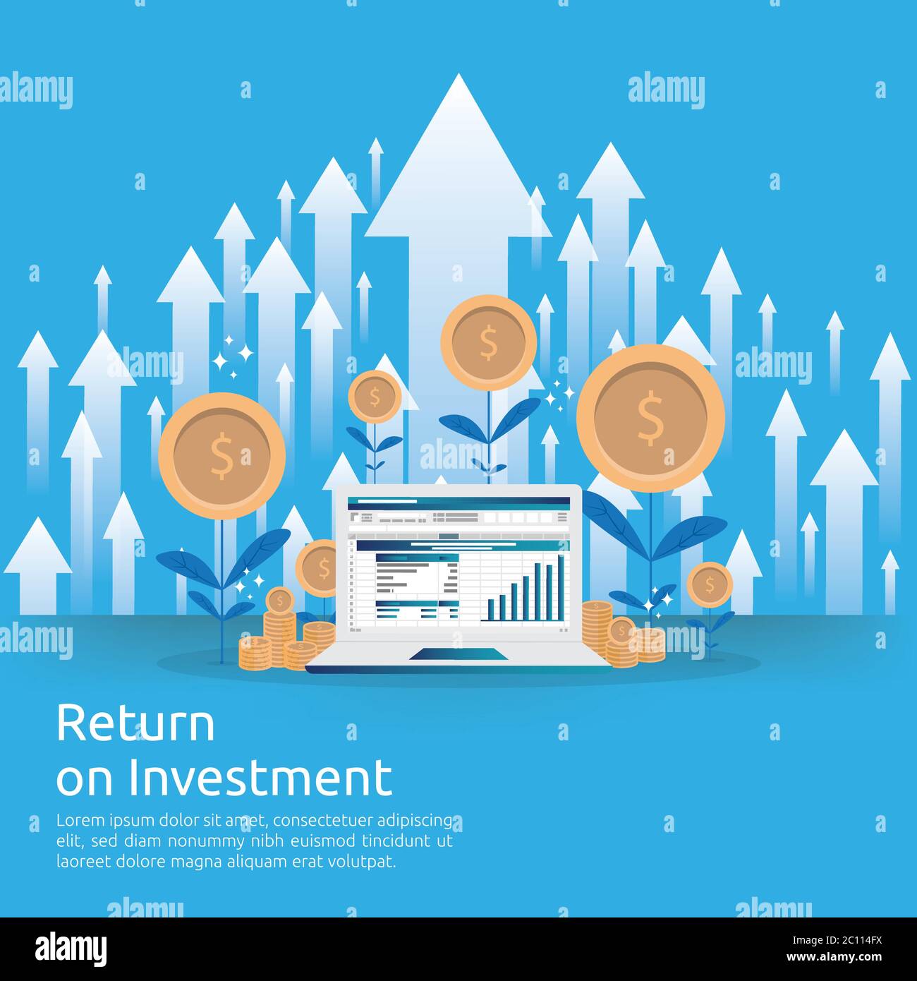 Concetto di ROI del ritorno sugli investimenti. Le frecce di crescita dell'azienda per il successo aumentano il profitto. Aumento della finanza. Gestione strategica di mercato Illustrazione Vettoriale