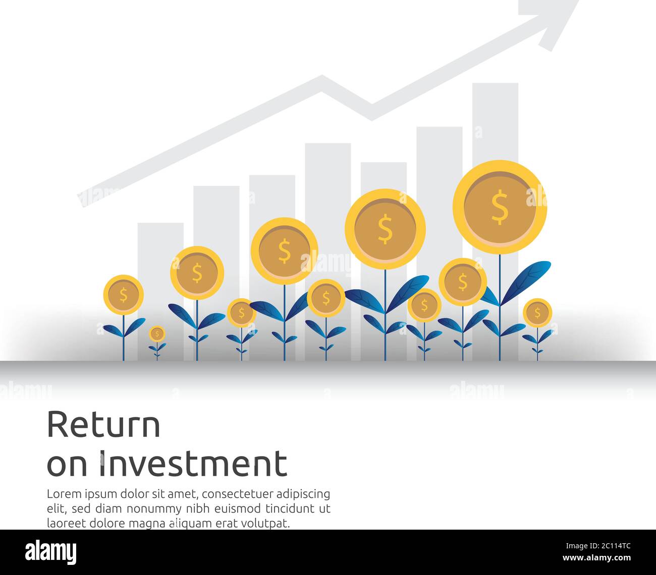 Concetto di ROI del ritorno sugli investimenti. Le frecce di crescita dell'azienda per il successo aumentano il profitto. Aumento della finanza. Gestione strategica di mercato Illustrazione Vettoriale