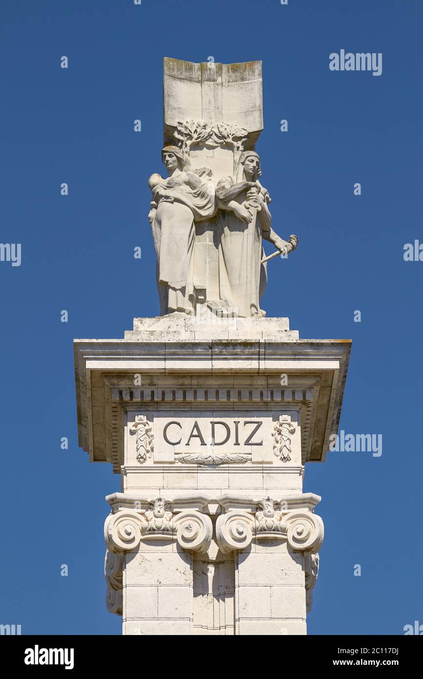 Dettaglio del Monumento alla Costituzione del 1812 a Piazza di Spagna a Cadiz, Spagna Foto Stock