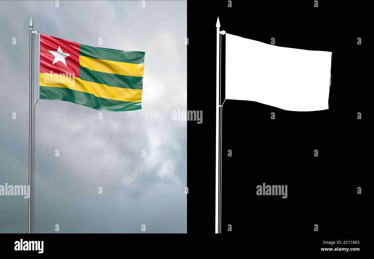 Illustrazione in 3d della bandiera di stato della Repubblica Togolese che si muove nel vento al flagpole di fronte ad un cielo nuvoloso con il suo canale alfa Foto Stock