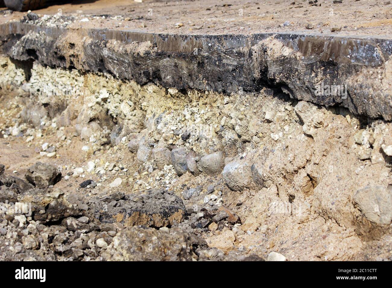 Strati nel terreno, raccontando la storia della costruzione della strada a Gatchina. Strato visibile macerie di pietra età 250 anni - t Foto Stock