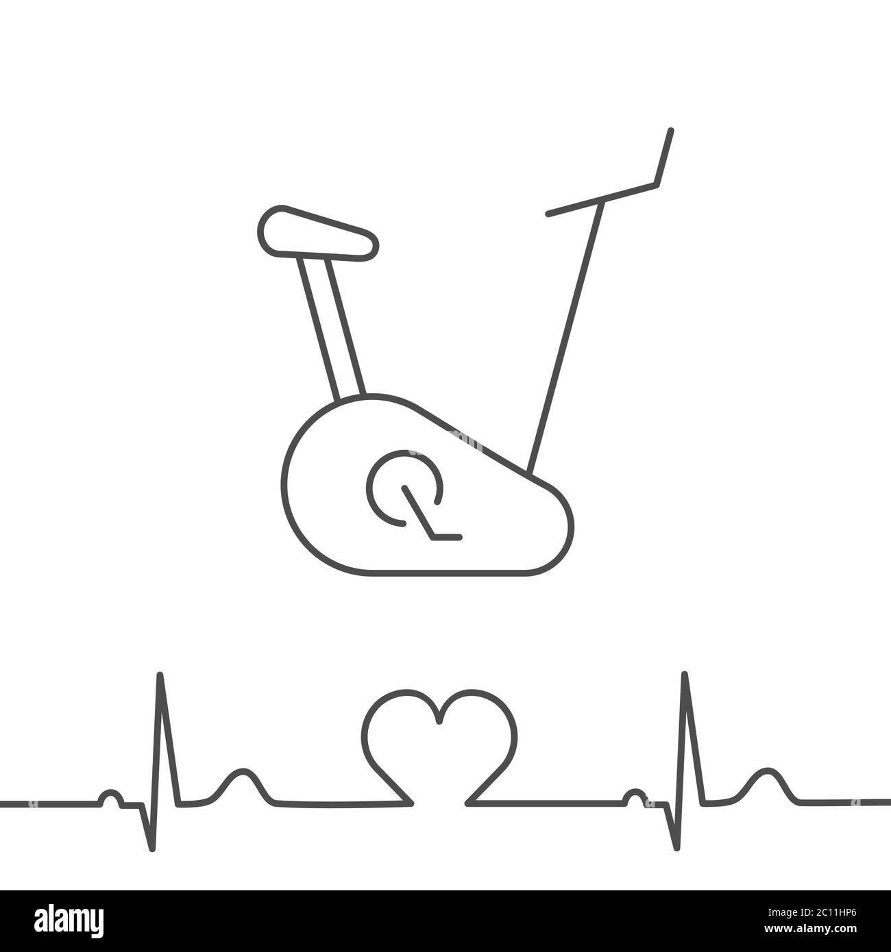 Cyclette con linea di battito cardiaco. Concetto di test da sforzo cardiopolmonare. Bicicletta fissa per test di stress cardiaco. Ergometro. Icona linea sottile Illustrazione Vettoriale
