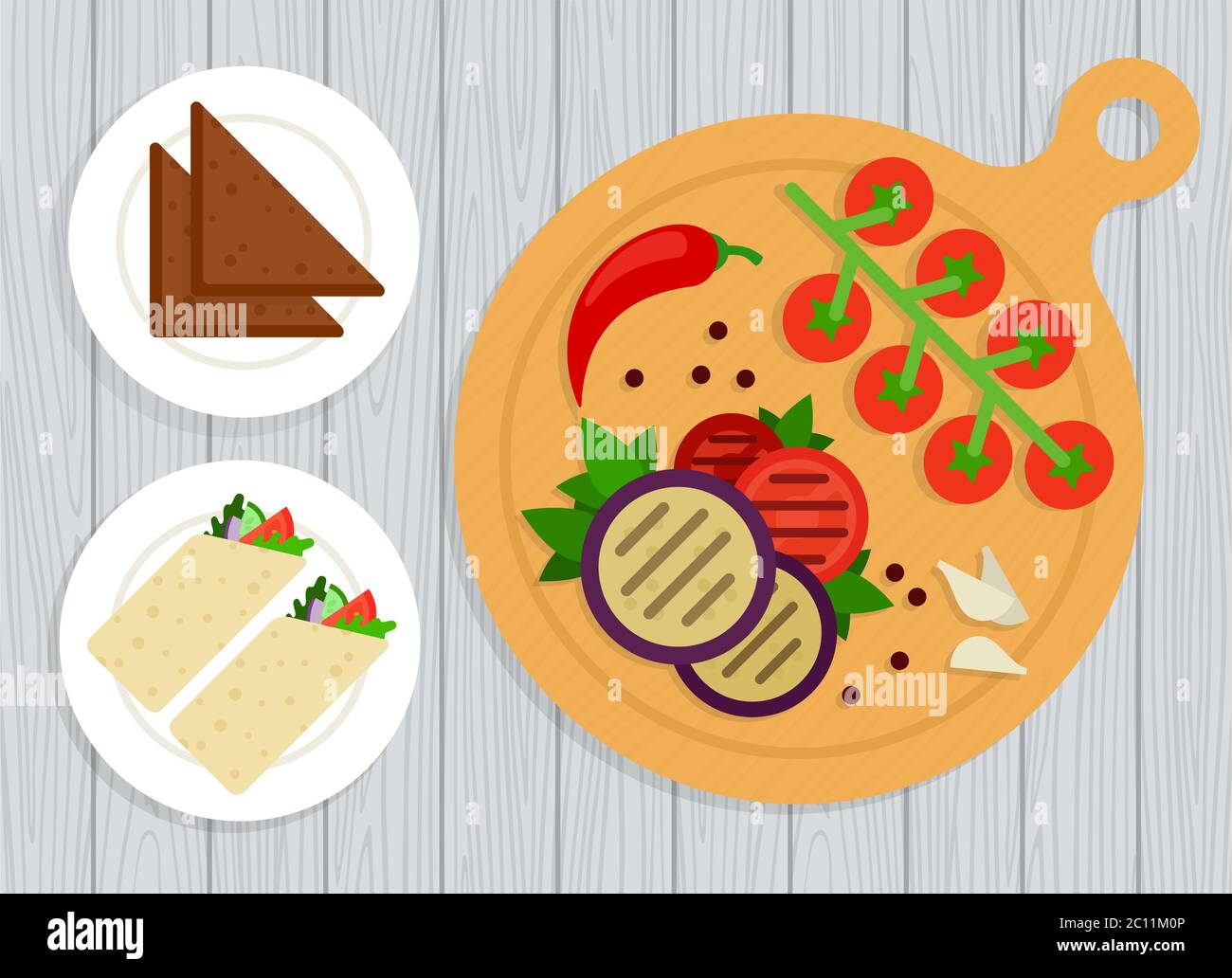 Verdure alla griglia, shawarma e pane su piatti Illustrazione Vettoriale