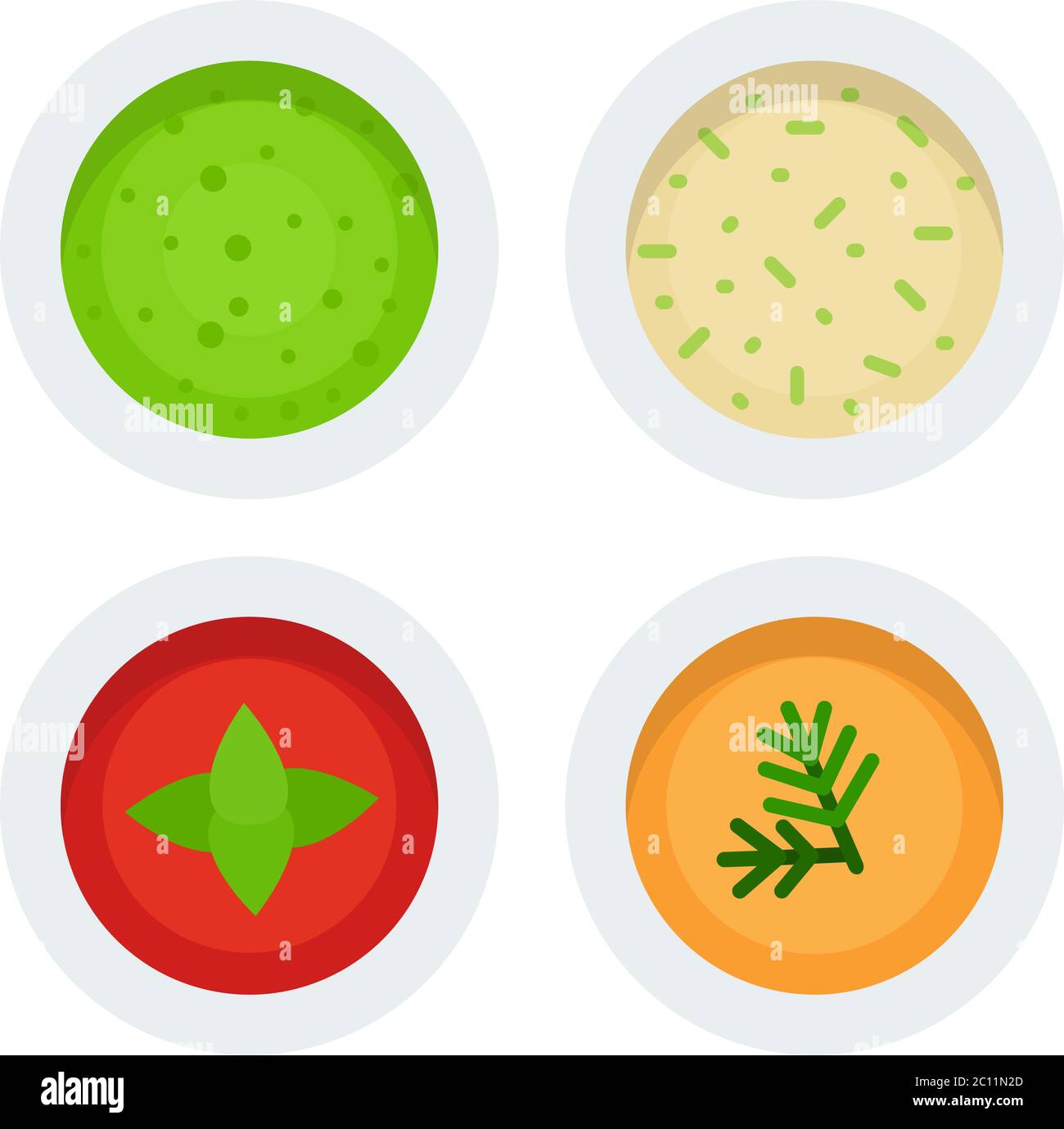 Sughi vegetariani in ciotole vista dall'alto icona vettore piatto isolato Illustrazione Vettoriale