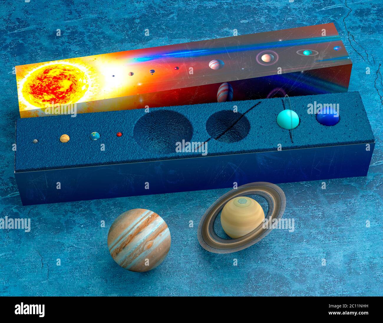Sistema solare, scatola con modelli dei pianeti. Mercurio, Venere, Terra, Marte, Giove, Saturno, Urano, Nettuno. Modelli da collezione. Confezione regalo, concetto Foto Stock