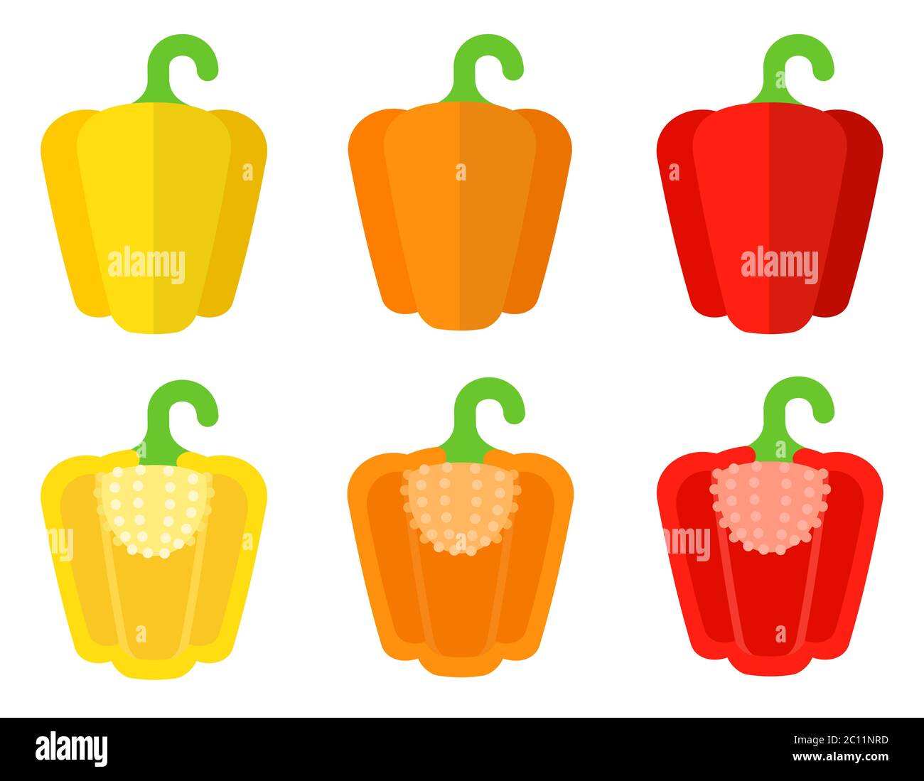 Icone vettoriali Set peperoni campanieri - giallo, arancione e rosso in design piatto. Illustrazione Vettoriale