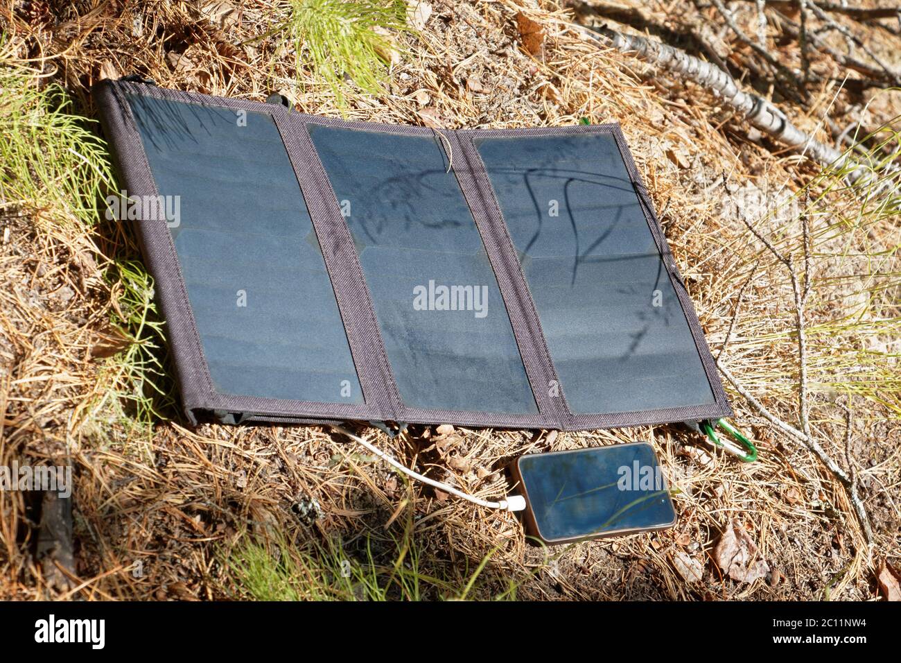 La piegatura del pannello solare si trova sulla superficie del suolo forestale e le tasse lo smartphone. Comodo per il viaggio e le lunghe passeggiate lontano dalla traditio Foto Stock