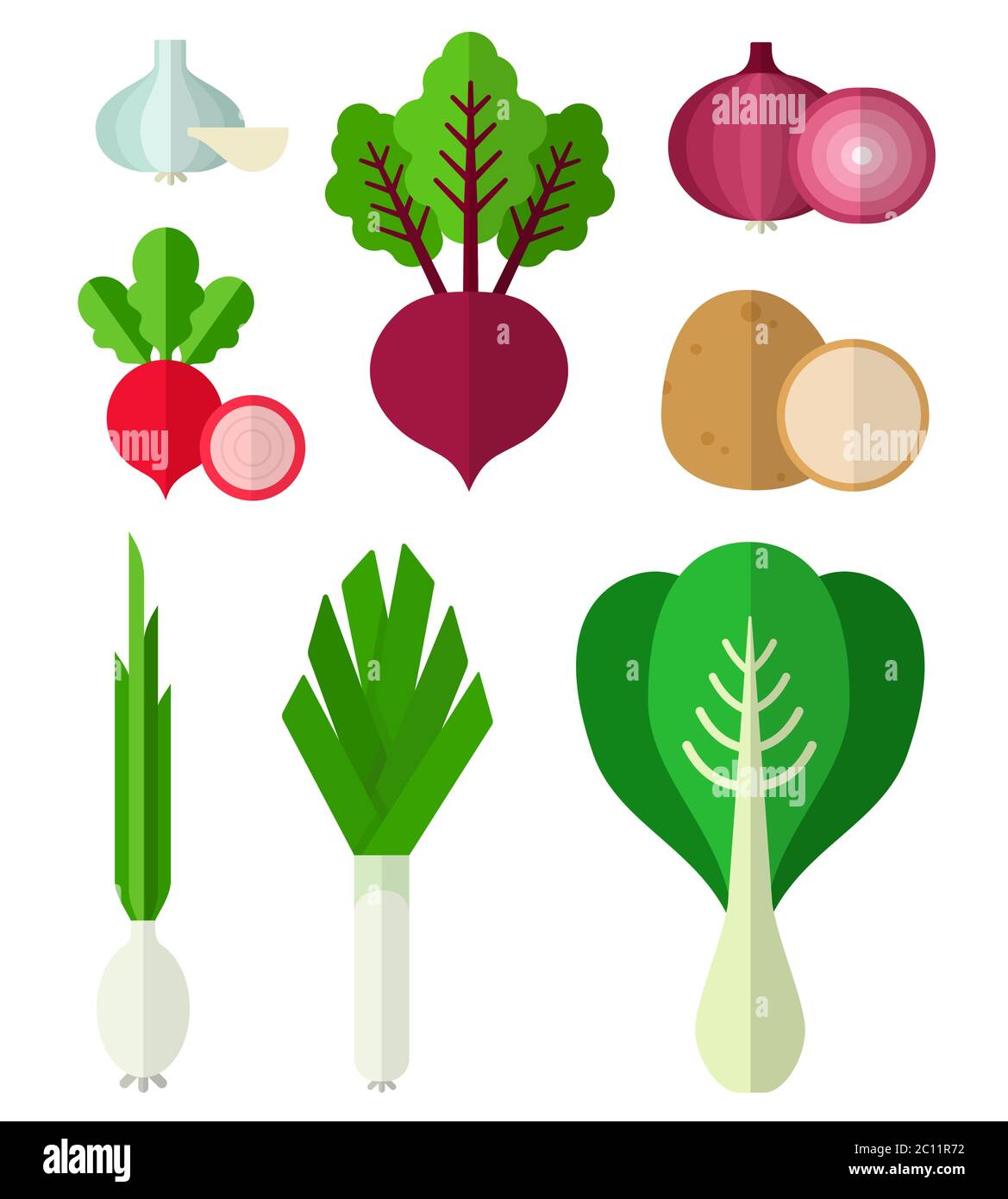Imposta illustrazione vettoriale verdura utile fresca matura in un design piatto. Illustrazione Vettoriale