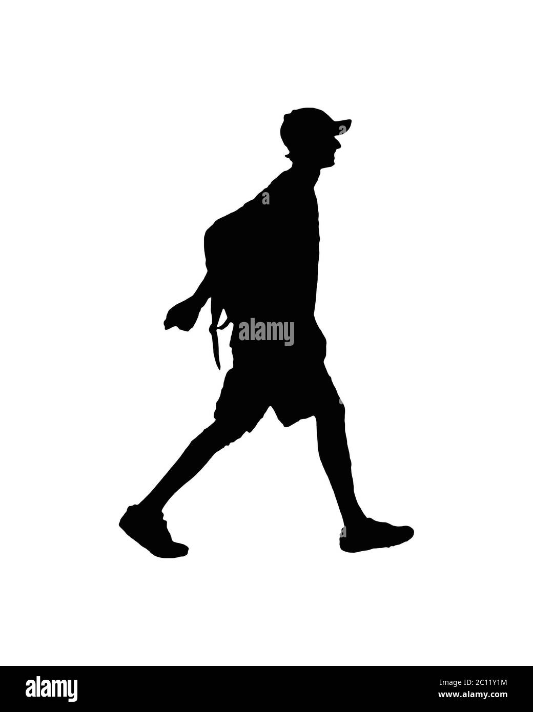 Slim giovane uomo Backpacker Silhouette a piedi Foto Stock