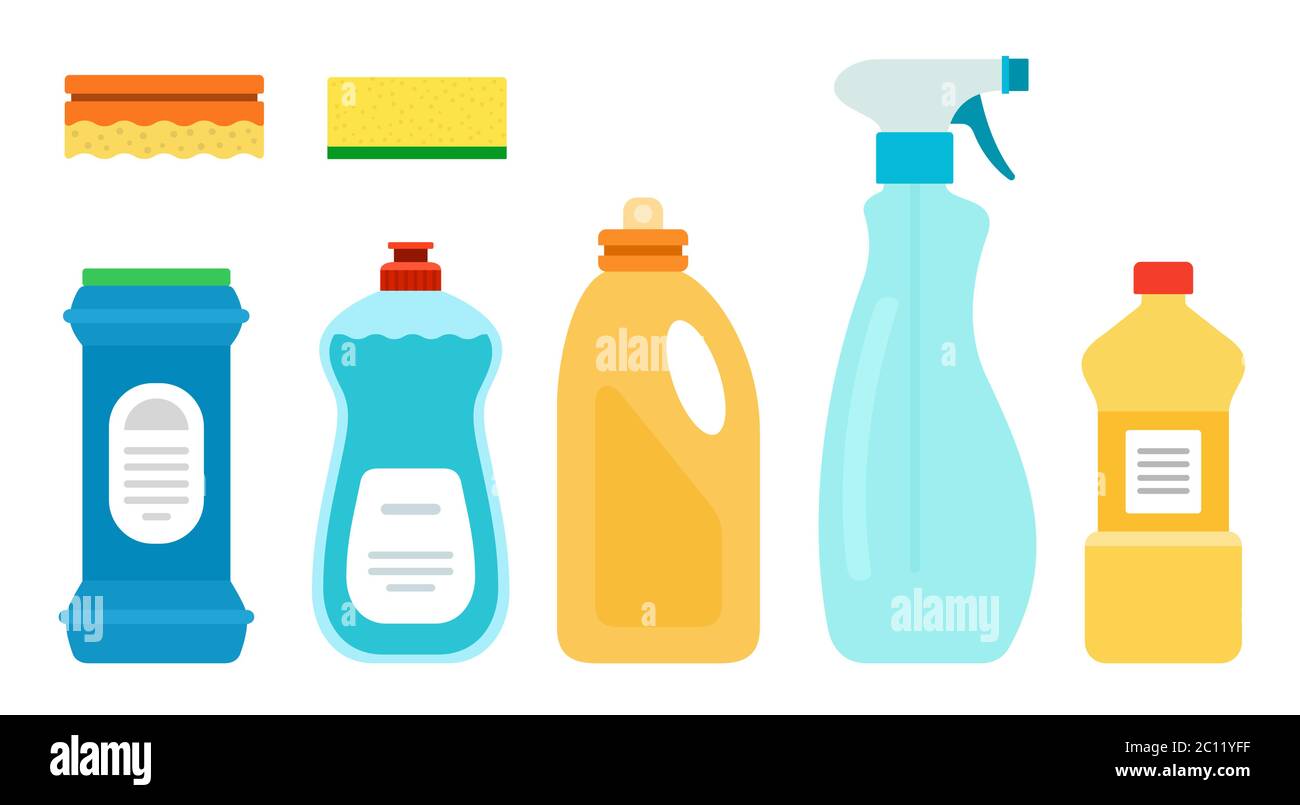 Detergenti per piatti non lavati, illustrazione vettoriale cucina in design piatto. Illustrazione Vettoriale