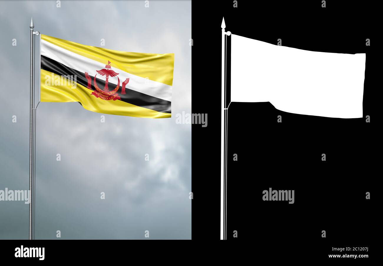 Illustrazione in 3d della bandiera di stato della nazione del Brunei, l'Abode della Pace che si muove nel vento al flagpole di fronte ad un cielo nuvoloso con il suo alp Foto Stock