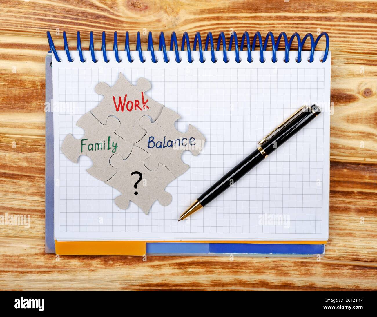 Notebook mostra le aree più importanti. Equilibrio di vita, famiglia e lavoro Foto Stock