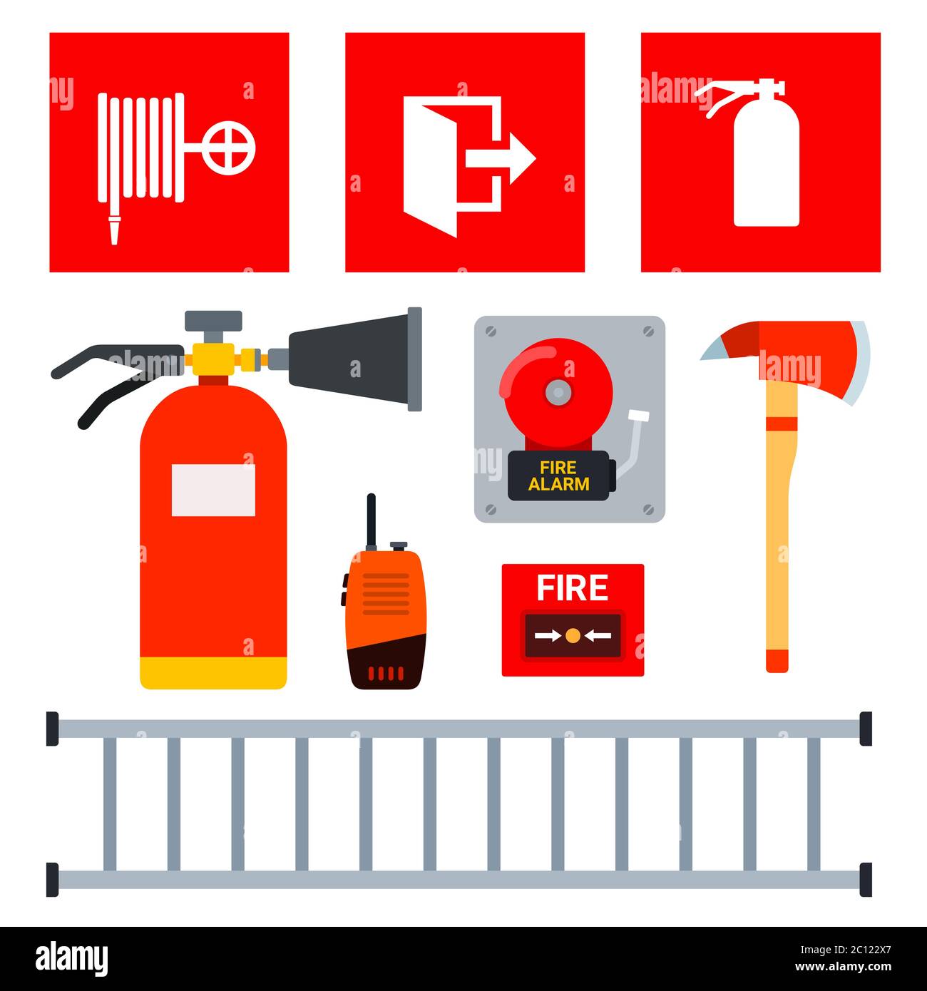 Set di attrezzature antincendio e cartelli che indicano la loro posizione, illustrazione vettoriale Illustrazione Vettoriale