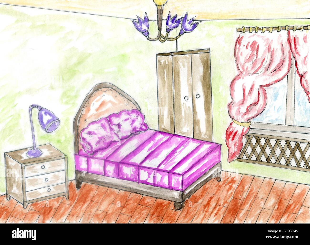 Illustrazione disegnata a mano del design interno della camera da letto,  sfondo colorato dello schizzo Foto stock - Alamy