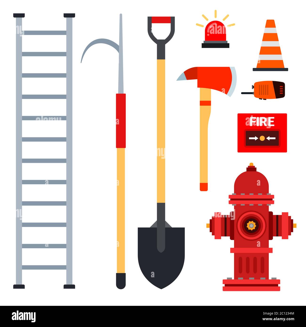 Set di attrezzature antincendio per l'illustrazione vettoriale dell'estinzione in un design piatto. Illustrazione Vettoriale