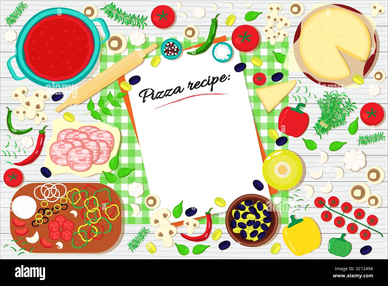 Lista delle ricette per la pizza sul tavolo con ingredienti alimentari. Sfondo dell'illustrazione vettoriale. Illustrazione Vettoriale