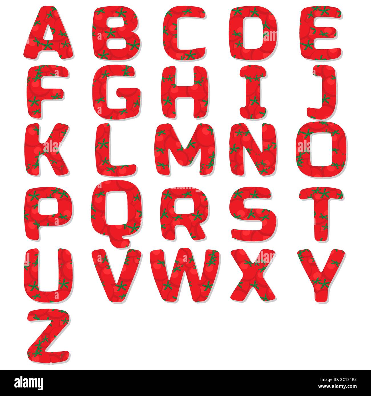 Alfabeto inglese con motivo a pomodoro. Set di illustrazioni vettoriali. Illustrazione Vettoriale