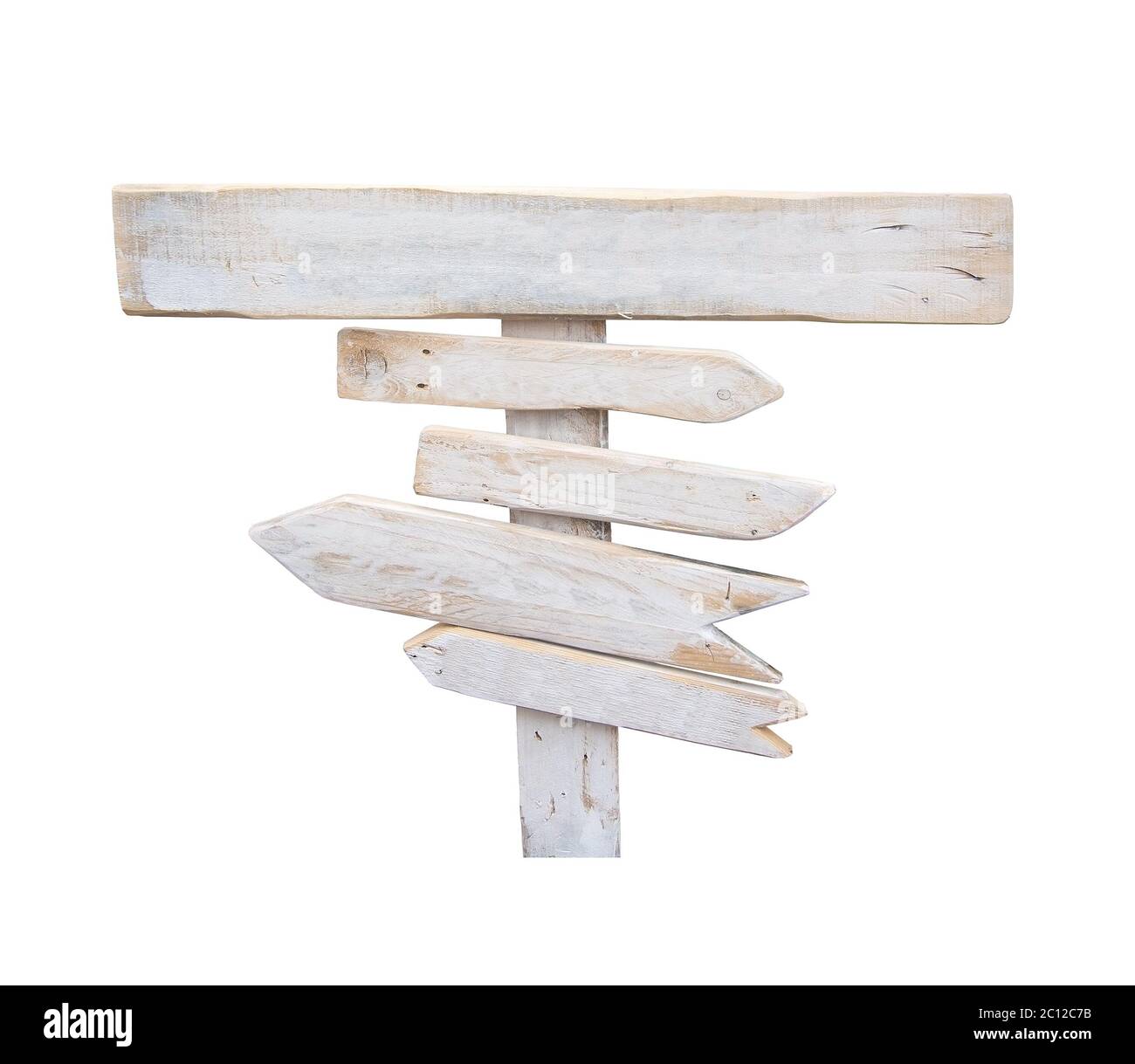 Frecce bianche in legno rustico isolate su bianco Foto Stock