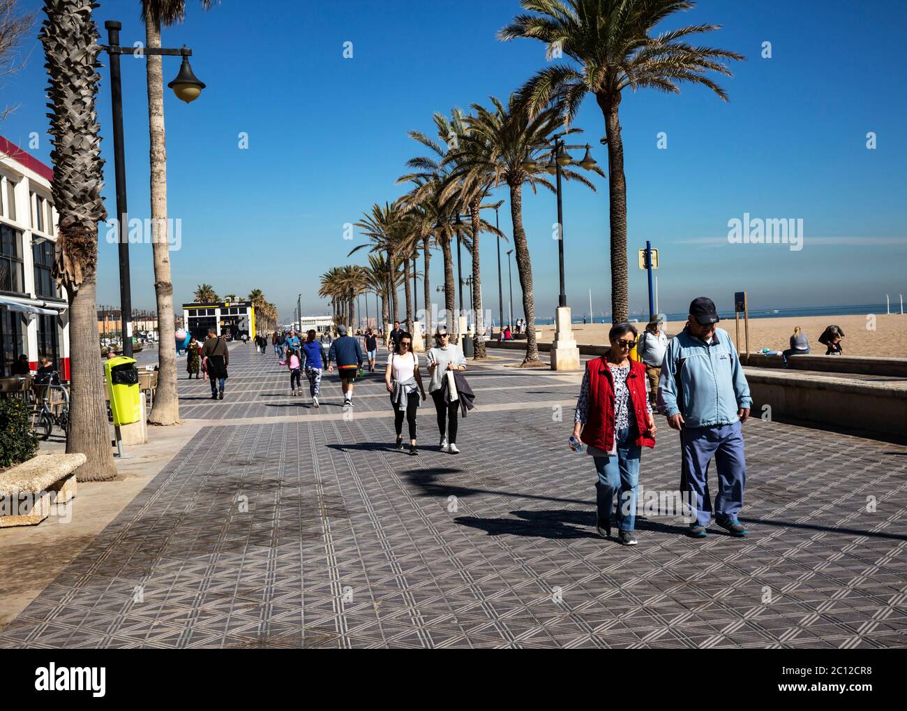Malvarrosa Beach Promenade, Valencia, Spagna. Foto Stock