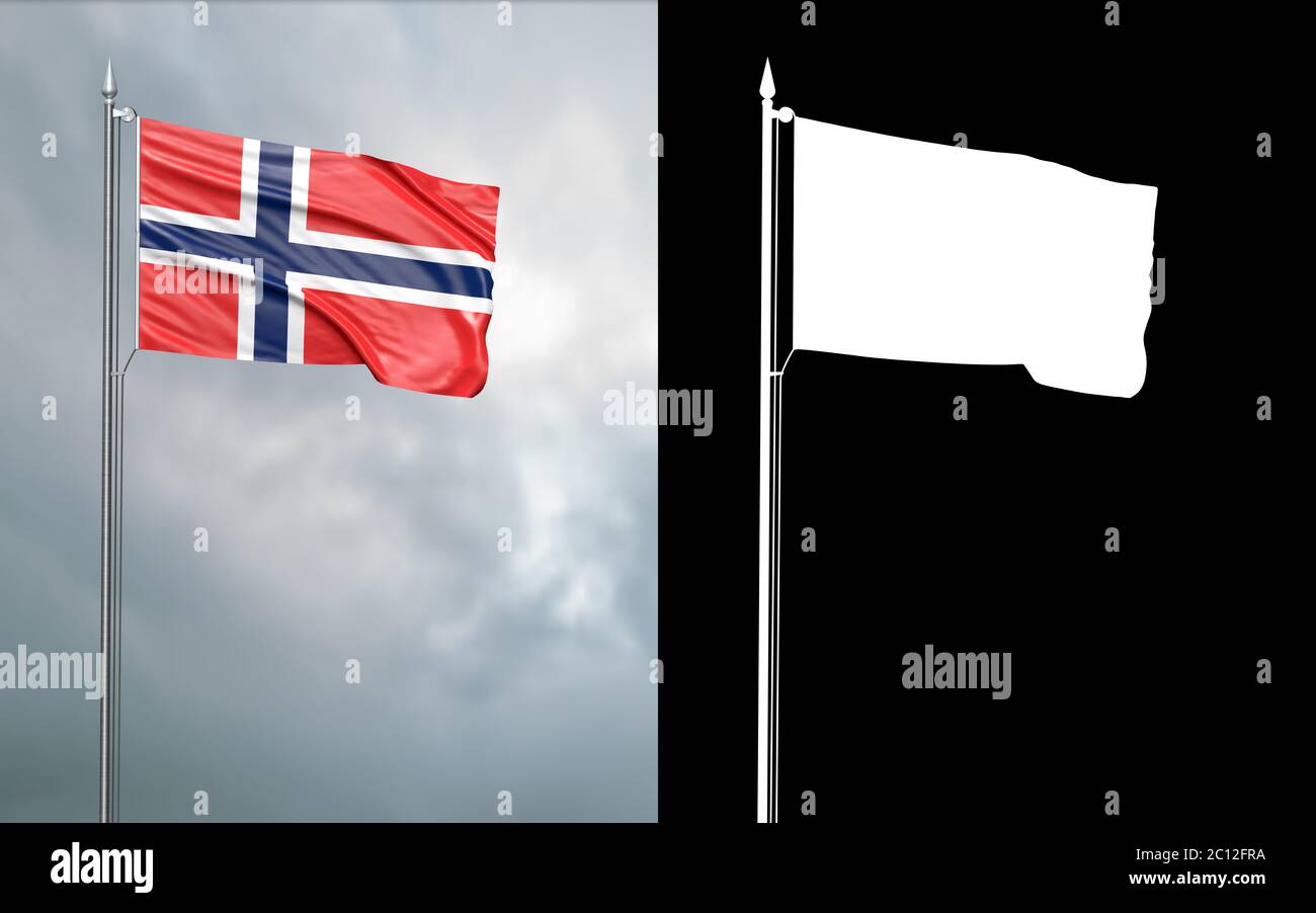 Illustrazione in 3d della bandiera di stato del Regno di Norvegia che si muove nel vento al flagpole di fronte ad un cielo nuvoloso con il suo canale alfa Foto Stock