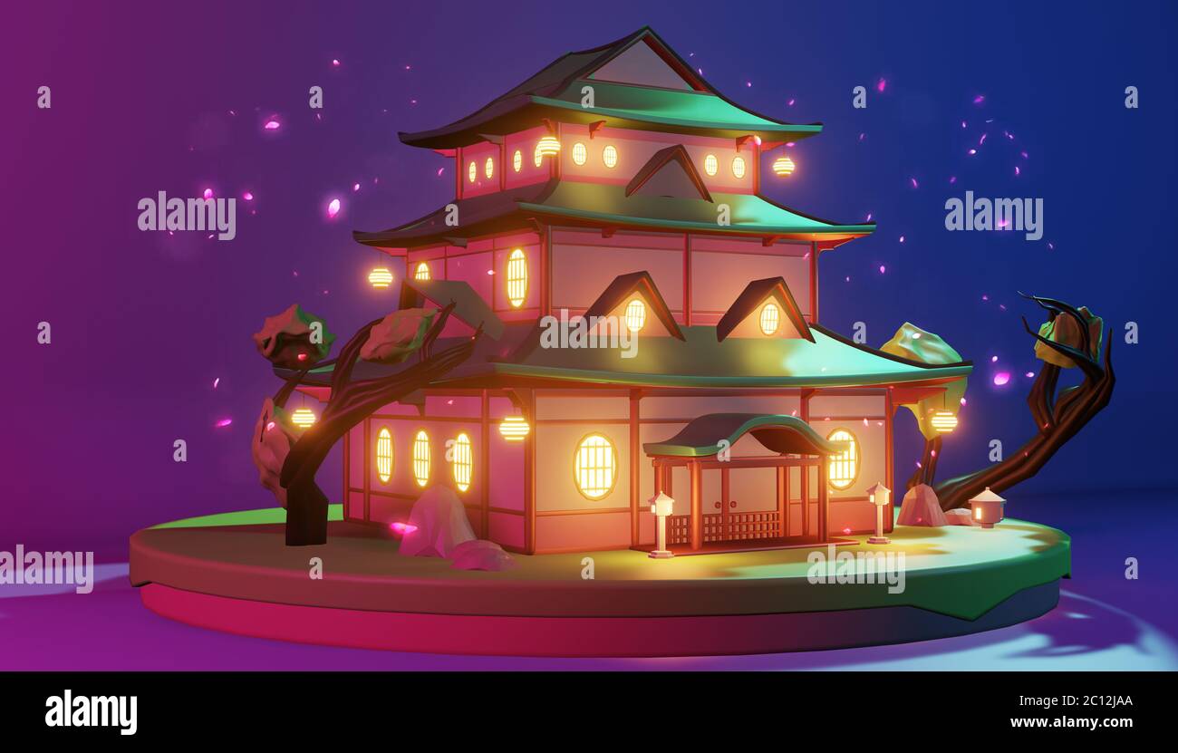Low Poly - casa giapponese sull'isola in sfondo viola blu .3D rednering Foto Stock