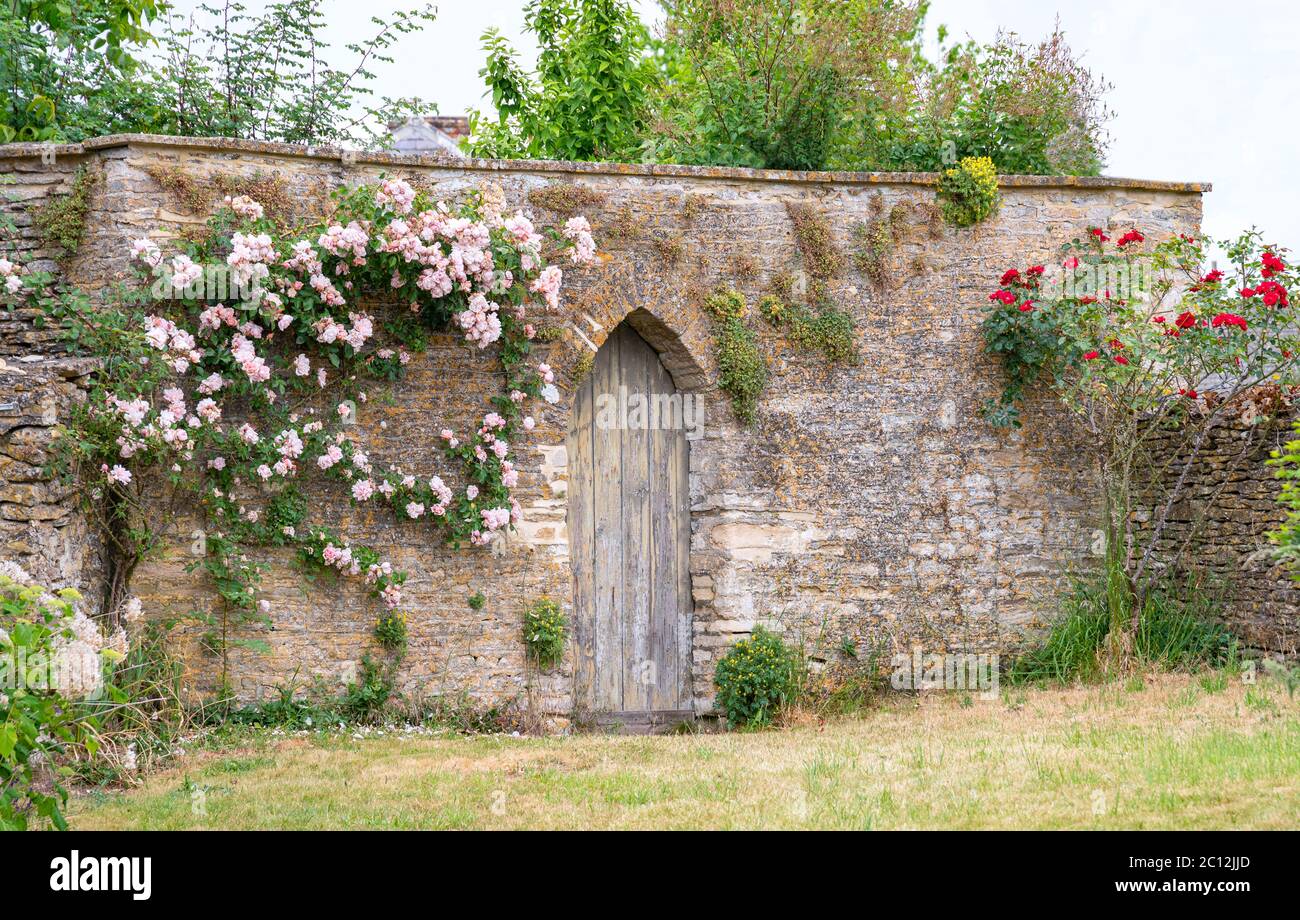 Porta in un giardino segreto murato, Inghilterra Foto Stock