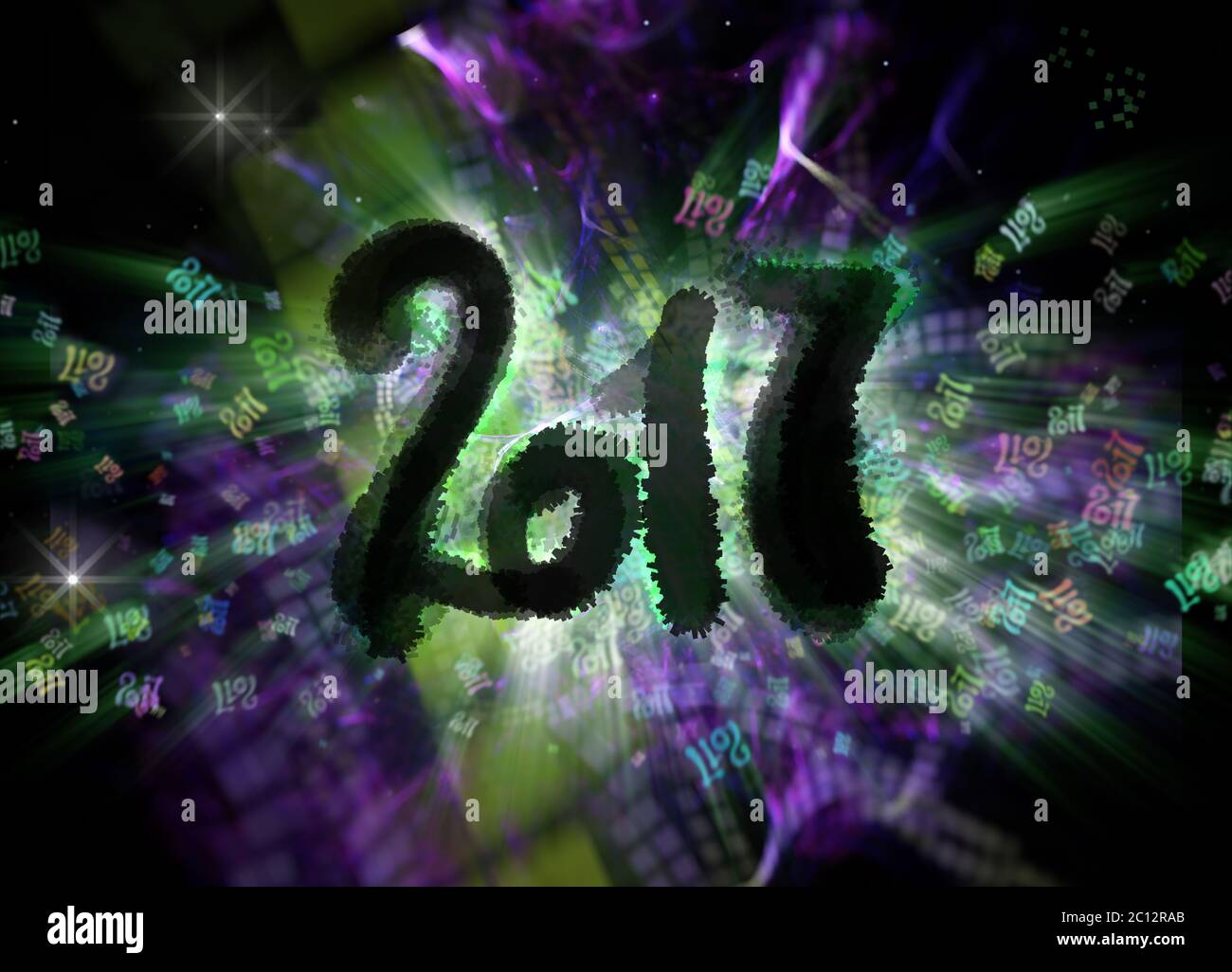 Felice anno nuovo 2017 isolato i numeri scritti con le tenebre sul luminoso sfondo bokeh di fondo piena di battenti cifre 3d illustrazione Foto Stock