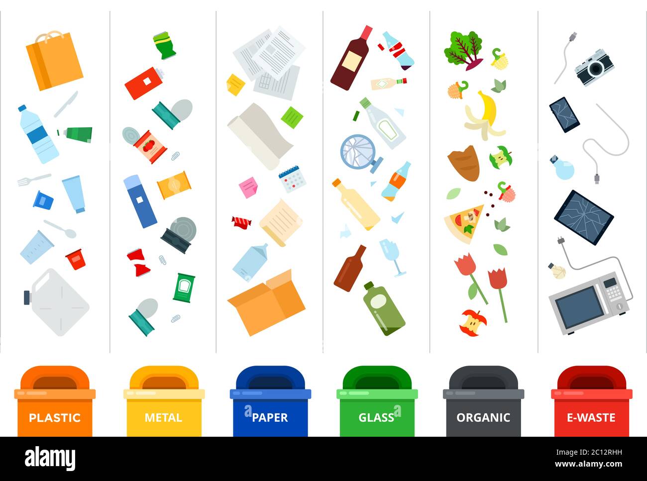 Smistamento rifiuti in contenitori per la lavorazione di vari tipi di rifiuti. Illustrazioni piatte vettoriali. Illustrazione Vettoriale