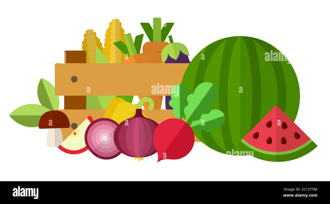 Raccogliere la composizione in una scatola, verdure, bacche e funghi vicino illustrazione vettoriale Illustrazione Vettoriale