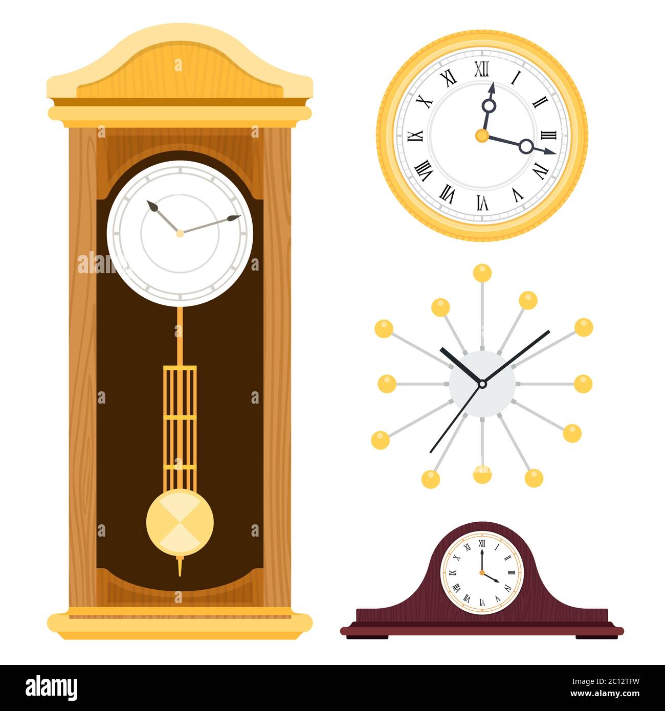 Imposta diversi stili di orologi per le icone vettoriali decorazione interni in un design piatto su bianco. Illustrazione Vettoriale