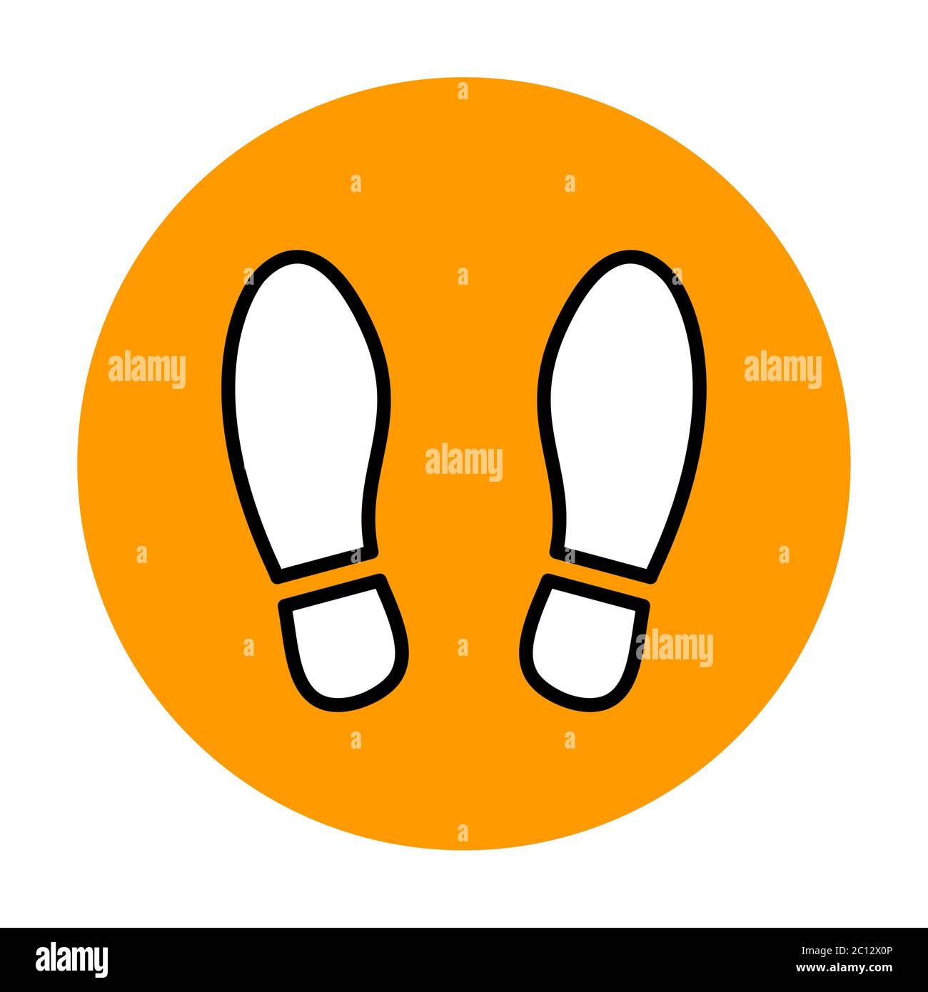 Aspetta qui o Stand Here icona dell'adesivo con contrassegno a pavimento rotondo con un paio di Shoeprints o Footprints. Immagine vettoriale. Illustrazione Vettoriale
