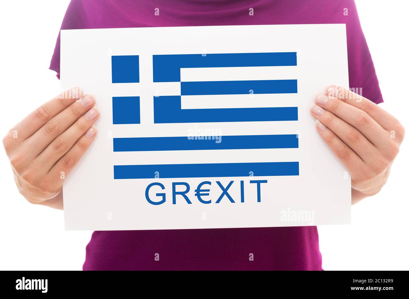 Ragazza con foglio di carta bianco con stampato Bandiera della Grecia e di scrivere Grexit Foto Stock